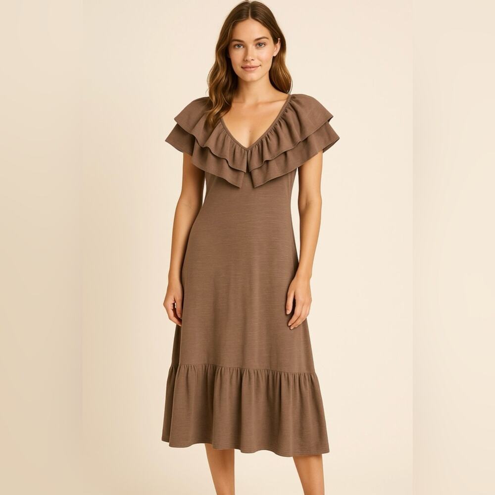 S’Edge Ruffle V-Neck Cotton Midi Dress Brown Taupe Soft Knit Tiered Hem Size M - Picture 2 of 11
